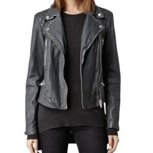 AllSaints Cargo Distressed Leather Biker Jacket Black/Gray EU 34, US 2